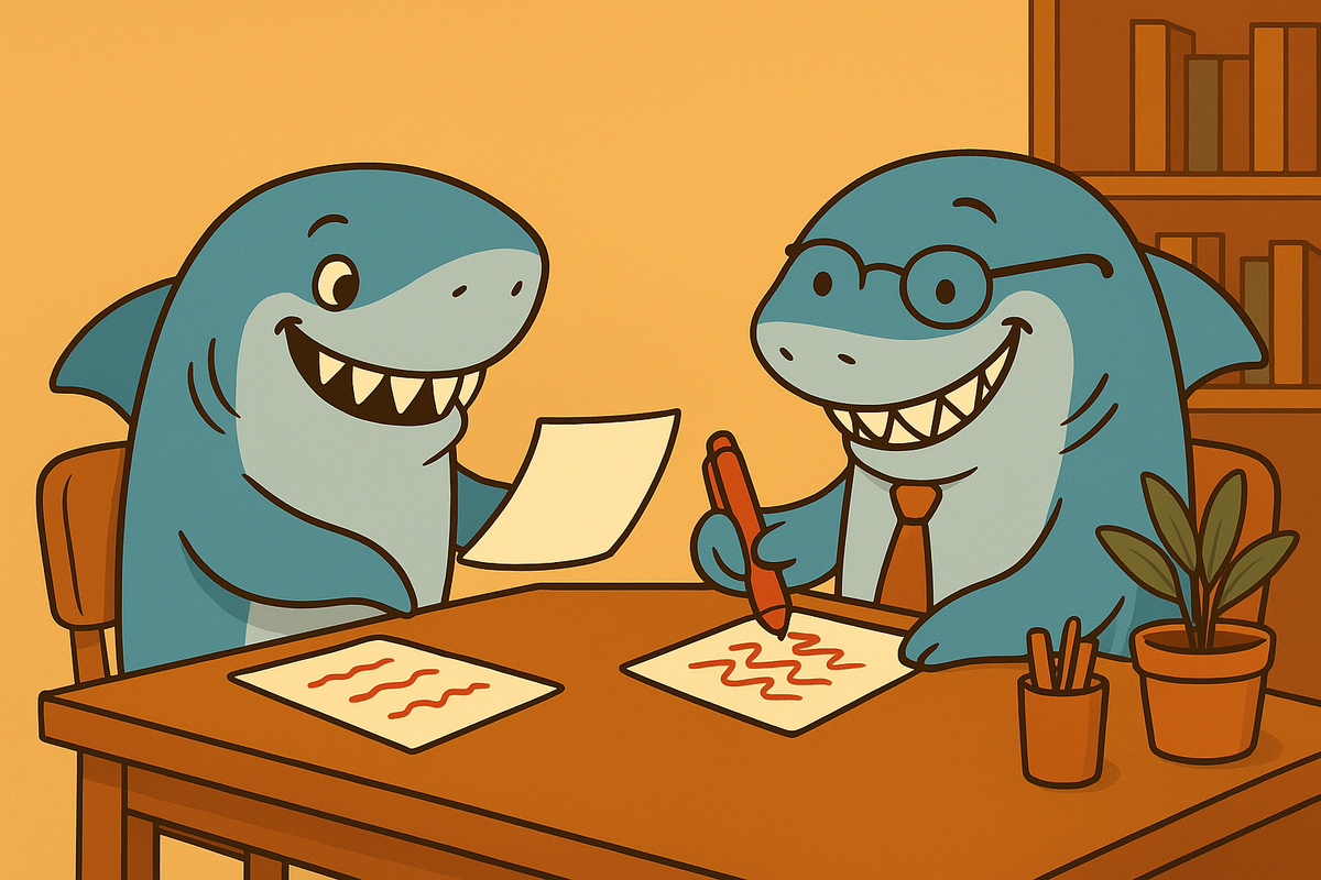 Two cartoon sharks at a desk: one in glasses and a tie marking up documents in red, the other presenting a paper.