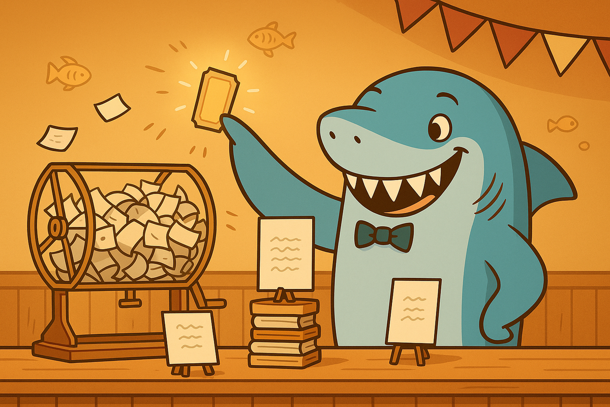 A cartoon shark in a bow tie holds up a winning raffle ticket beside a drum filled with paper slips.