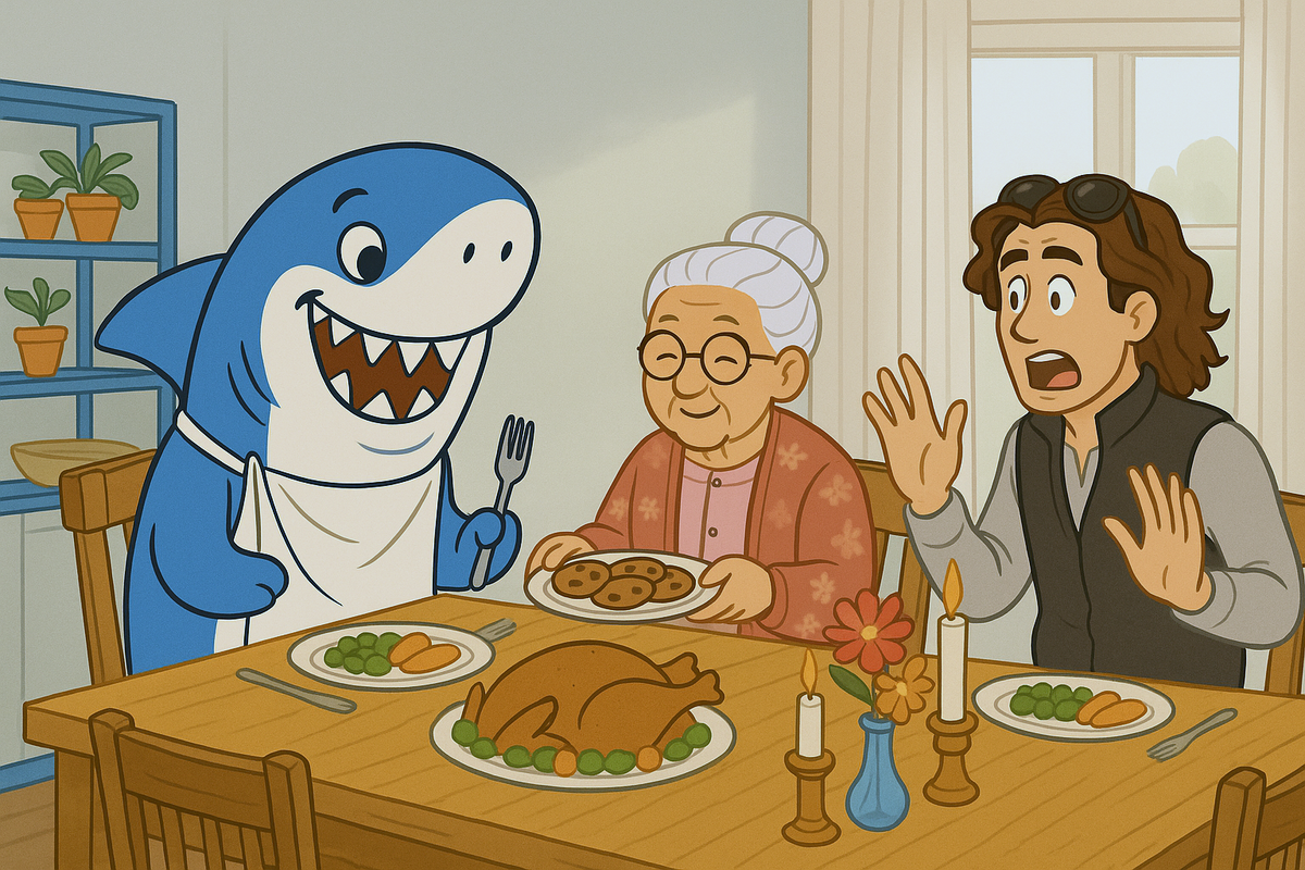 A shark holds a knife and fork at a dinner table with an elderly woman and a man with a look of alarm.