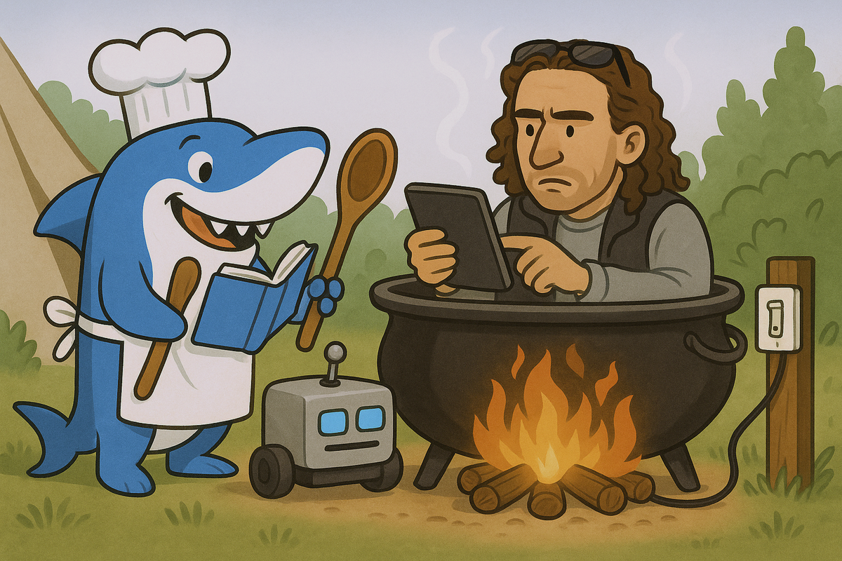 A cartoon shark chef with a cookbook prepares to cook a worried man sitting in a cauldron over a campfire.