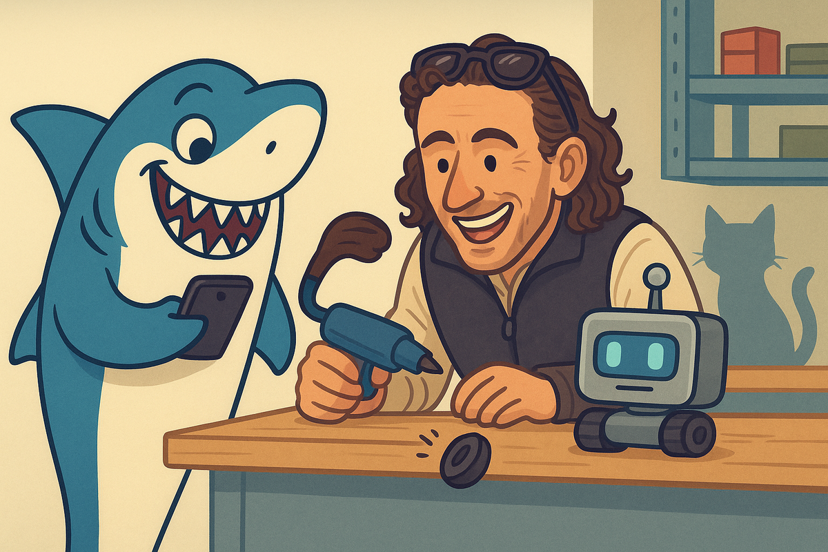 Cartoon illustration of a man using a hot glue gun to build a small desk robot, while a friendly shark looks on holding a phone.