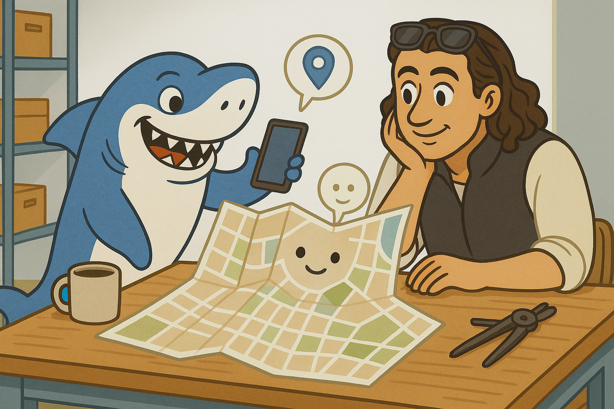 A cartoon shark holds a smartphone showing a location pin while a person examines a smiling map, illustrating AI-assisted GIS navigation.
