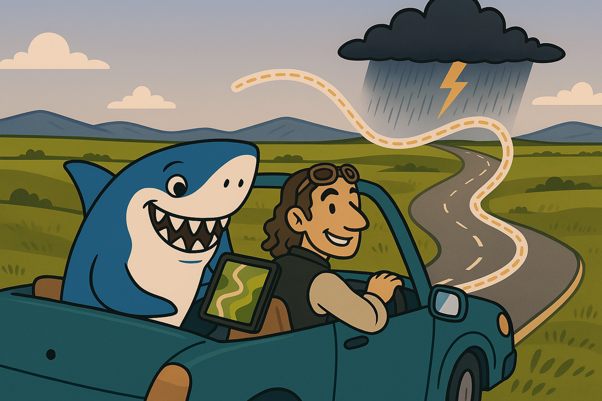 Cartoon shark and driver cruise a convertible, following a dashed route that loops around a looming storm cloud.