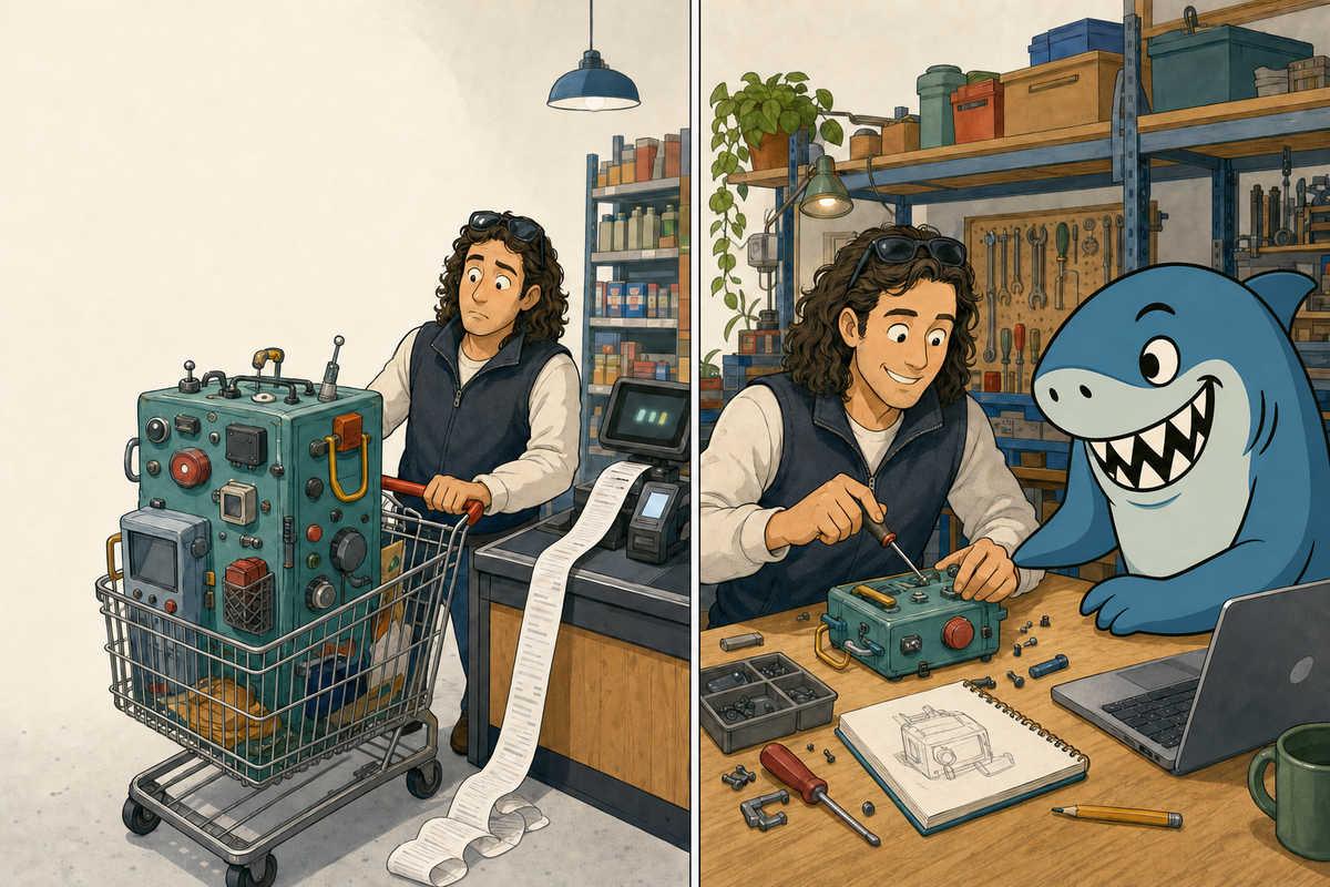 Split illustration: a man checks out a bulky, expensive machine at a store, then builds his own compact version at a workbench with a shark's help.