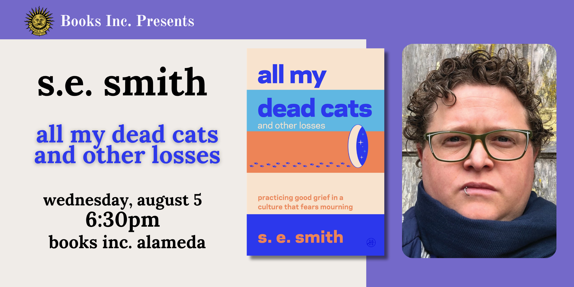 A banner promoting my event at Books Inc Alameda on Wednesday, August 5 at 6:30pm.