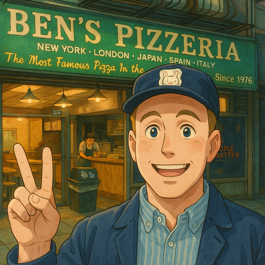 Studio Ghibli portrait of me in front of Ben's Pizzeria