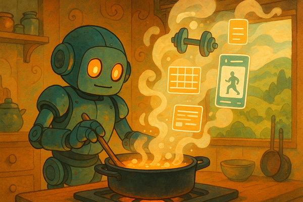 A cartoon robot cooks up a strength training app.