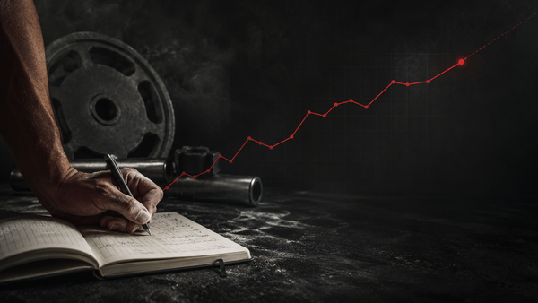 A hand writing in a lifting journal. A red line of increasing data rises out of the journal.