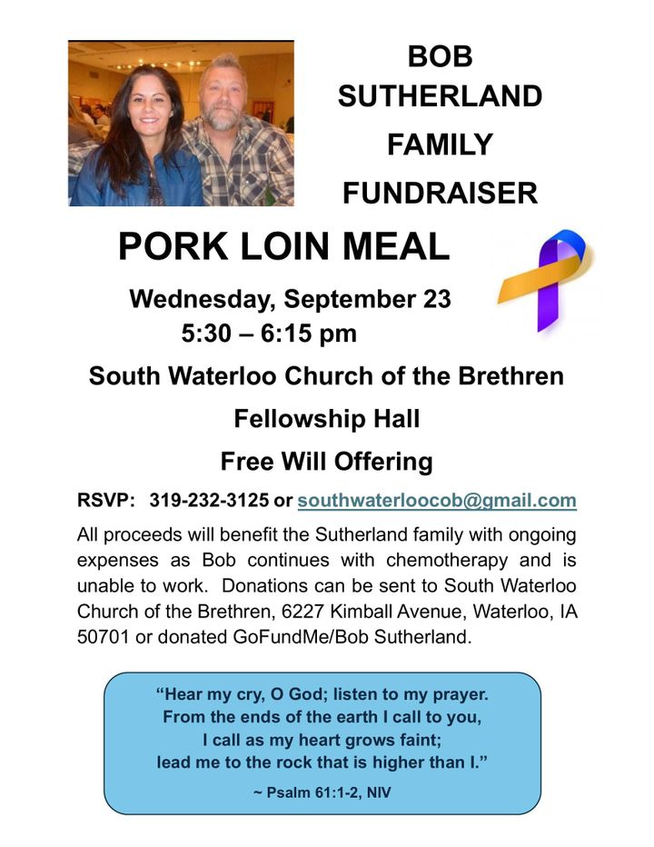 Bob Sutherland Family Fundraiser: Pork Loin Meal Sept. 23