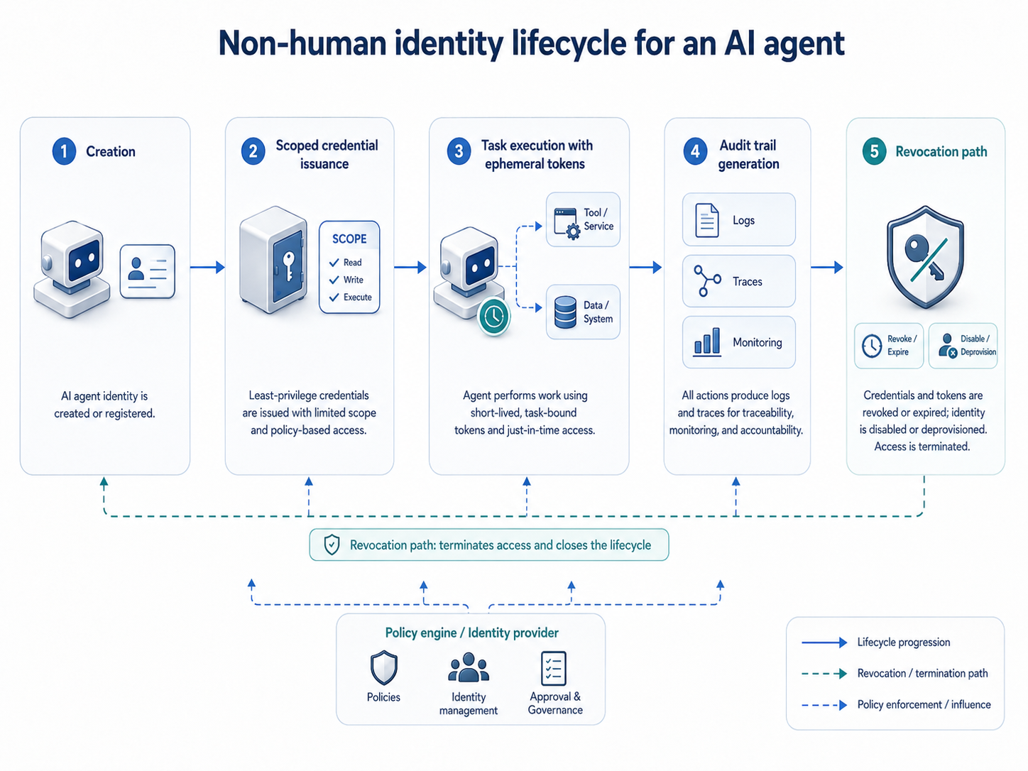 Diagram showing the lifecycle of a non-human AI agent identity, from creation and scoped credentials to ephemeral token use, audit logging, and revocation.