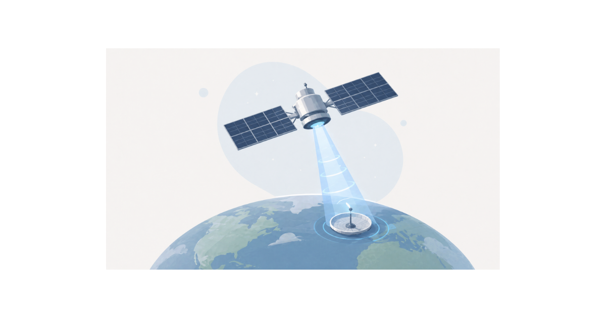 illustration of a satellite in space beaming energy down to earth. 