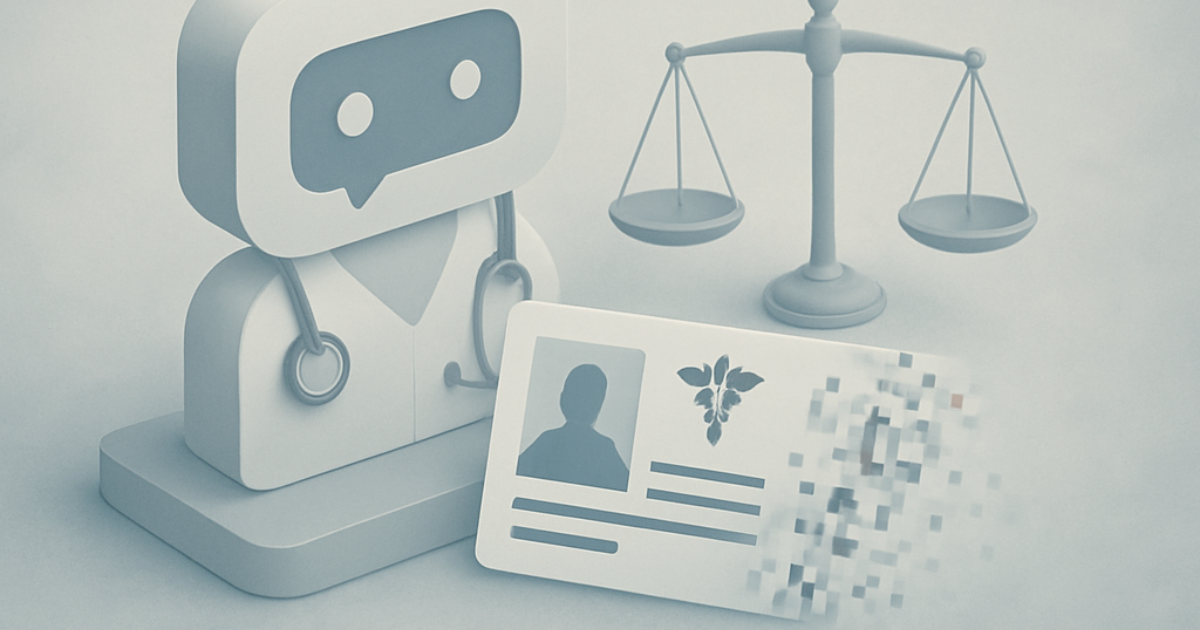 A friendly robot figure with a stethoscope sits beside a medical ID card and a scale symbol in a soft blue style.