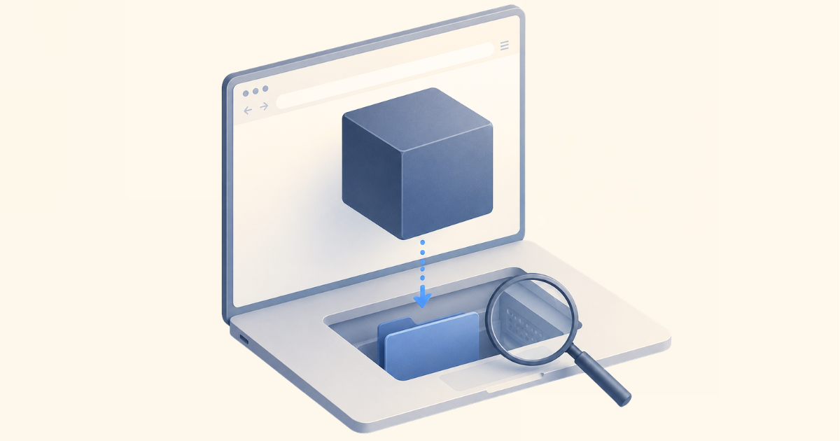 A laptop image with a black box in front of the screen. An arrow directs downward, indicating a file download. 