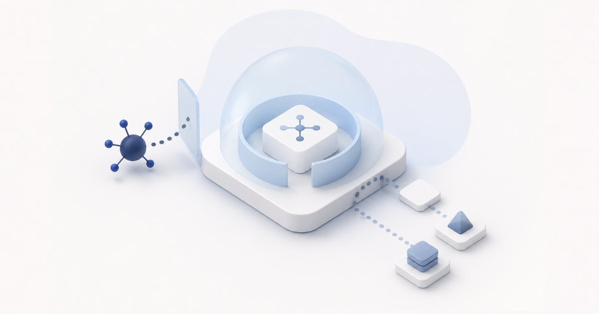 An editorial illustration depicting an AI agent with security measures in place around it.