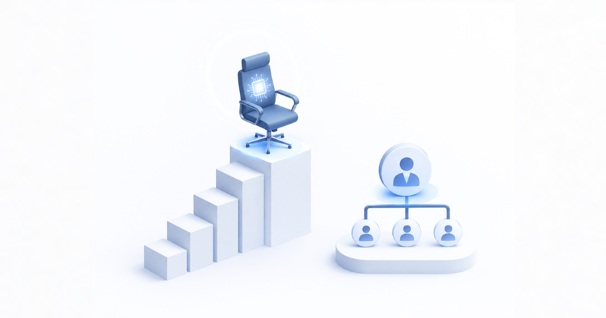 Minimal isometric illustration of an AI-branded executive chair rising on stepped blocks beside a simplified organizational chart.