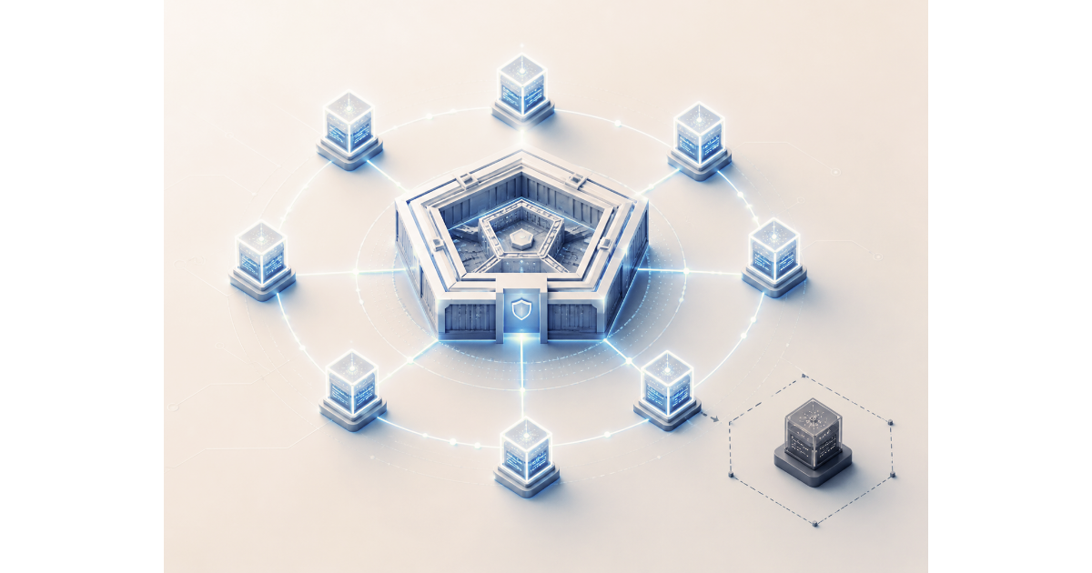 Abstract isometric illustration of a secure pentagon-shaped AI network hub connected to seven glowing server nodes, with one darker node isolated outside the perimeter.