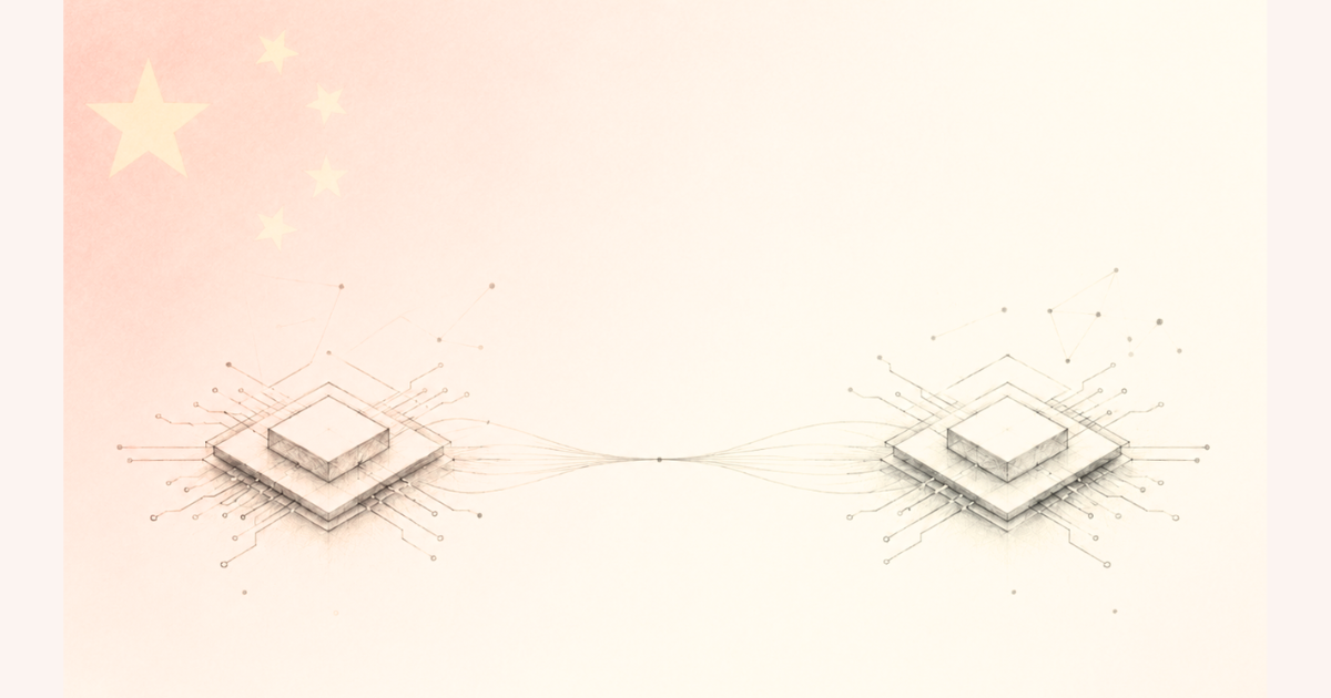 Minimal pencil-style illustration of two abstract computer chips connected by fine lines, with a faint red-and-yellow Chinese flag gradient in the background.