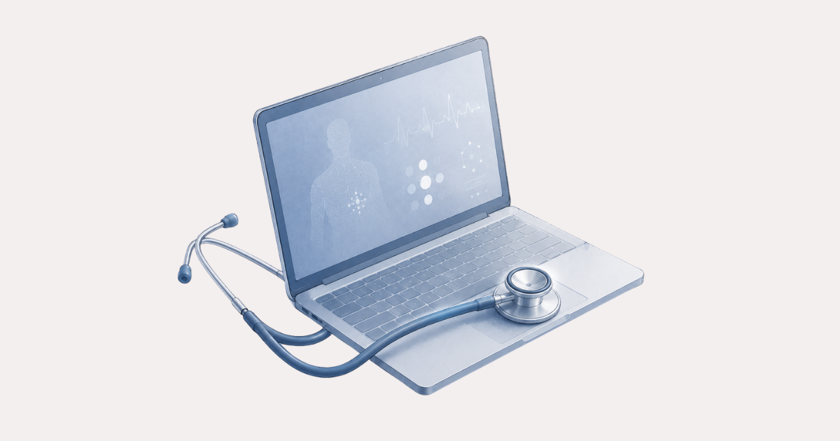 A stethoscope rests on an open laptop displaying abstract medical data, symbolizing AI-assisted diagnosis in a clinical setting.