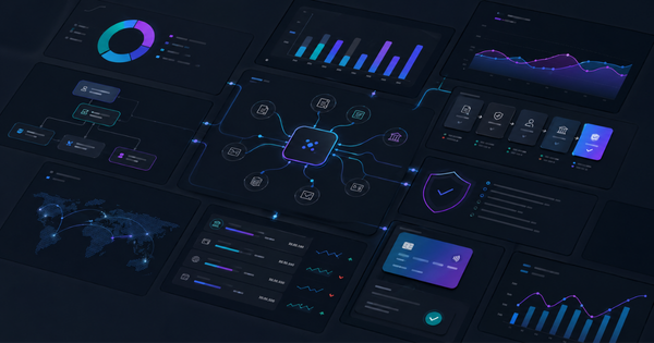 Abstract image of an agentic AI fintech platform, featuring various modules and data points.