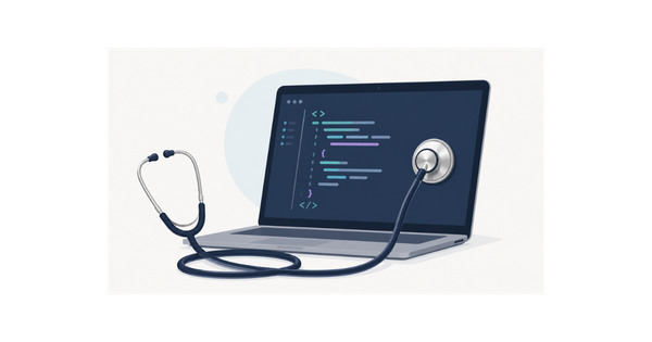 Illustration of a laptop with command line code displayed, and a stethoscope "listening" to the screen