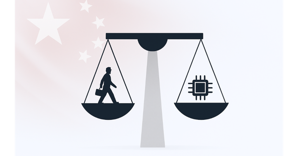 A scale with a person on one side and a computer chip on the other, symbolizing balance between humans and technology.