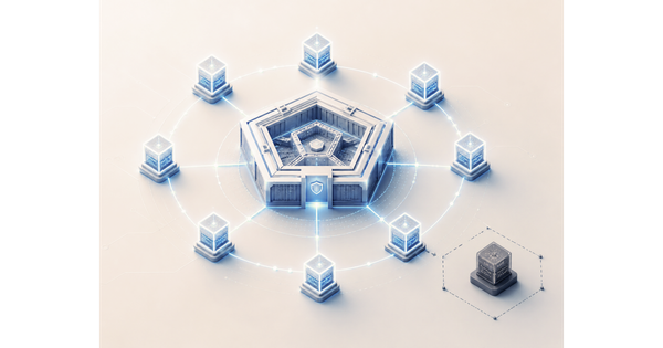 Abstract isometric illustration of a secure pentagon-shaped AI network hub connected to seven glowing server nodes, with one darker node isolated outside the perimeter.