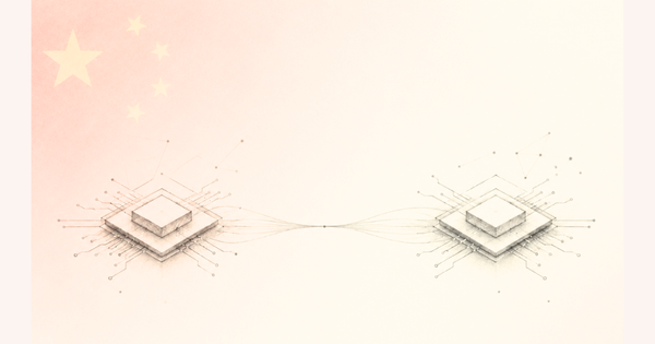 Minimal pencil-style illustration of two abstract computer chips connected by fine lines, with a faint red-and-yellow Chinese flag gradient in the background.