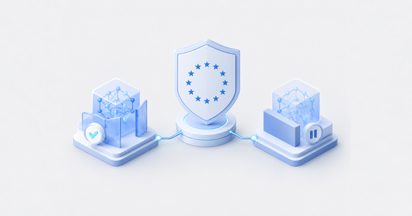 Minimal isometric illustration of an EU compliance shield connected to two AI model platforms.