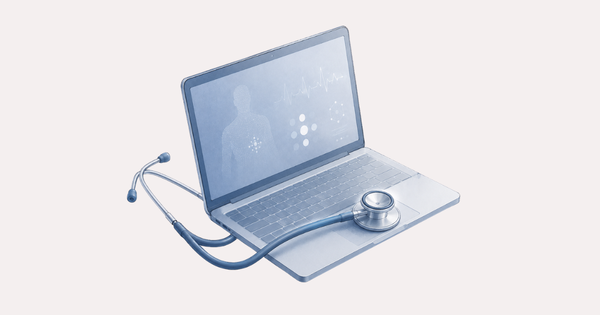 A stethoscope rests on an open laptop displaying abstract medical data, symbolizing AI-assisted diagnosis in a clinical setting.