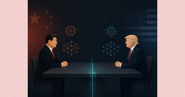 Trump and Xi face across a dark table split by a glowing circuit line, with U.S. and China flag gradients behind them.