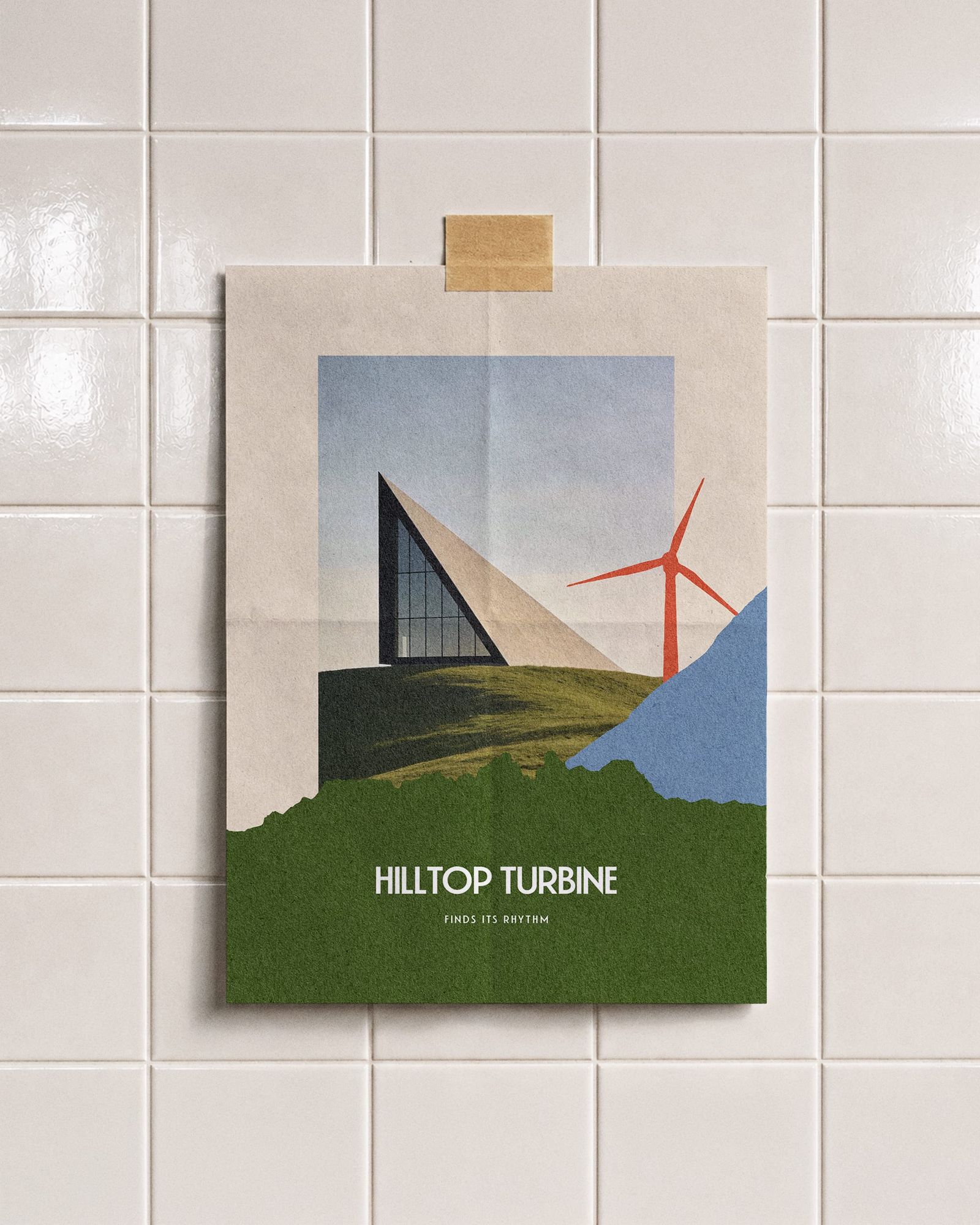 Taped Poster Wall Mockup Glossy Tile Background Scene