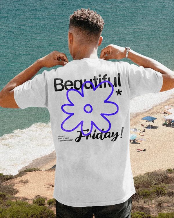 beautiful friday text with bold lettering and purple flower doodle on light background
