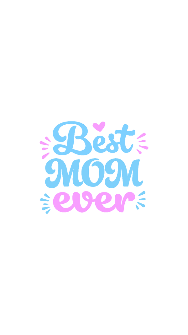 Cute Retro Best Mom Ever Puffy Bubble Font Design in Sky Blue and Pink with Whimsical Heart Accents and Hand-Drawn Burst Elements for Mother’s Day