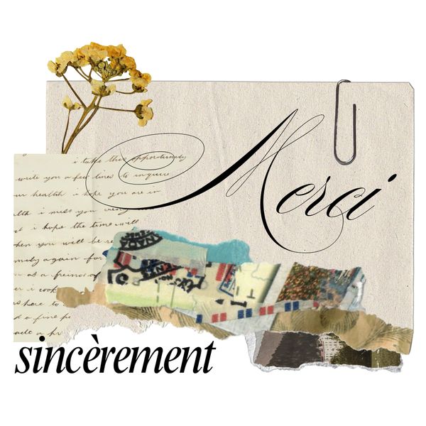 Vintage French Scrapbook Collage Design with Elegant "Merci Sincèrement" Calligraphy, Antique Paper Textures, Dried Yellow Wildflowers, and Retro Ephemera Paperclip Aesthetic