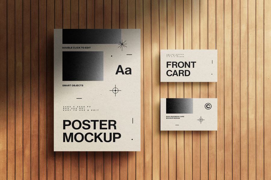 A4 Poster and Card Mockup on Wood Background