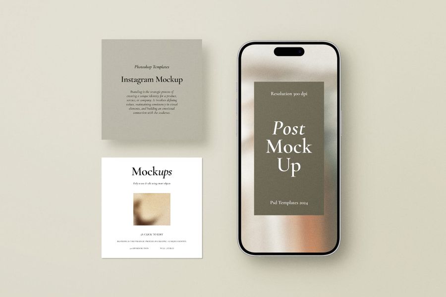 Boho Vertical iPhone with Insta Story and Post UI Mockup