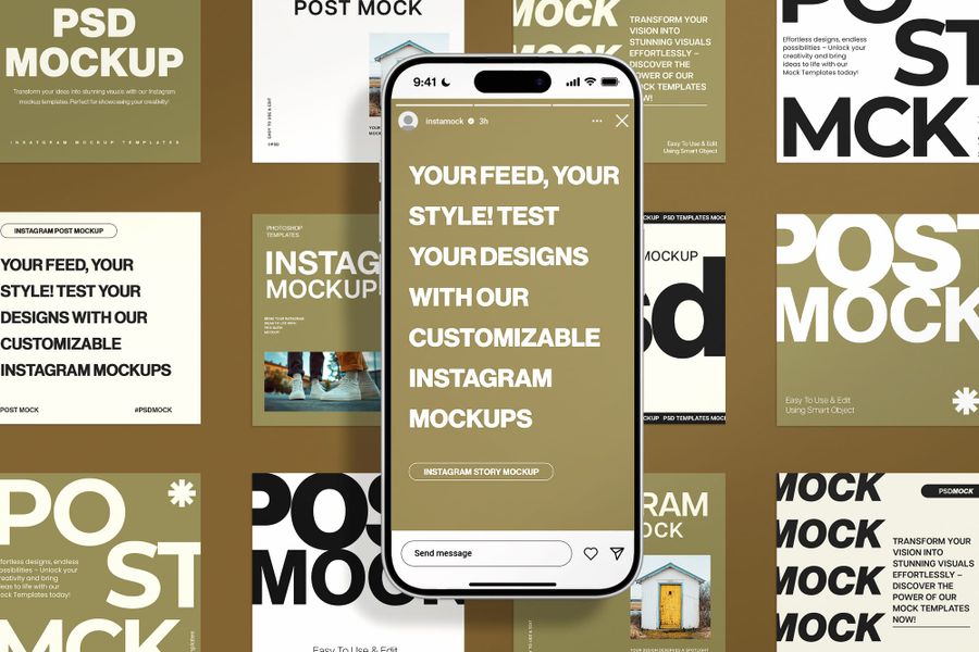 Insta Story Phone UI Over Full Instagram Post Grid Mockup