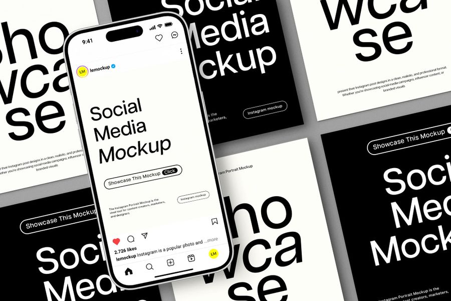Monochrome iPhone Grid UI Instagram Story and Post Mockup