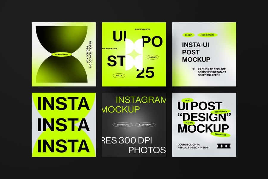 Six Neon Brutalist Grid UI Instagram Mockup