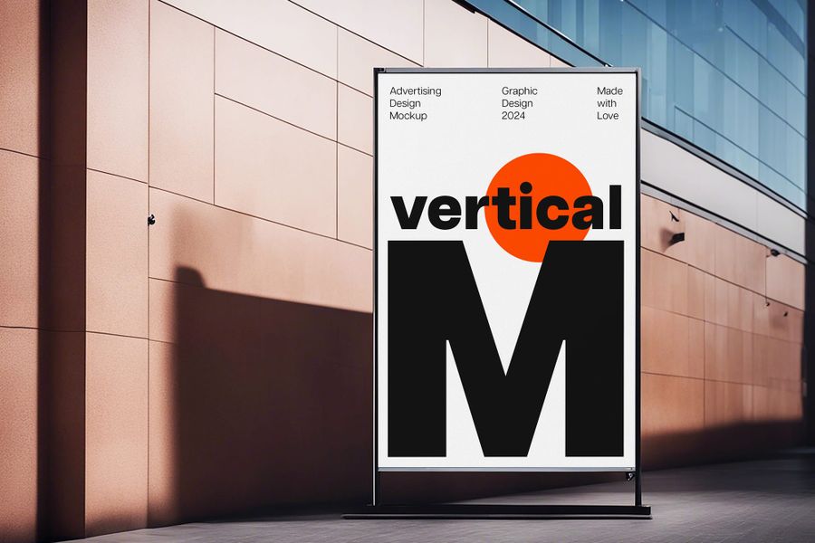 Standing Vertical Billboard Mockup with Building Street Background
