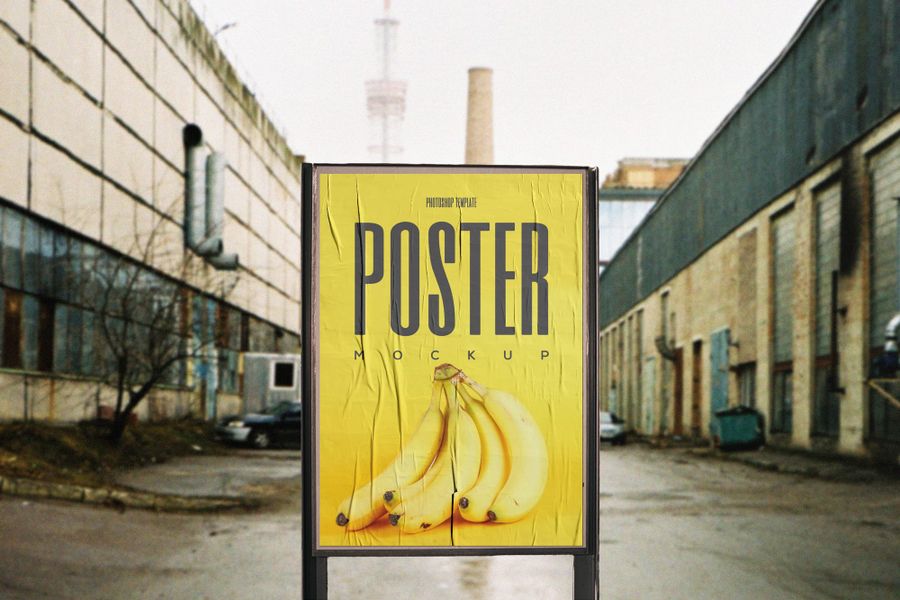 Urban Wrinkled Vertical Billboard Sign Mockup
