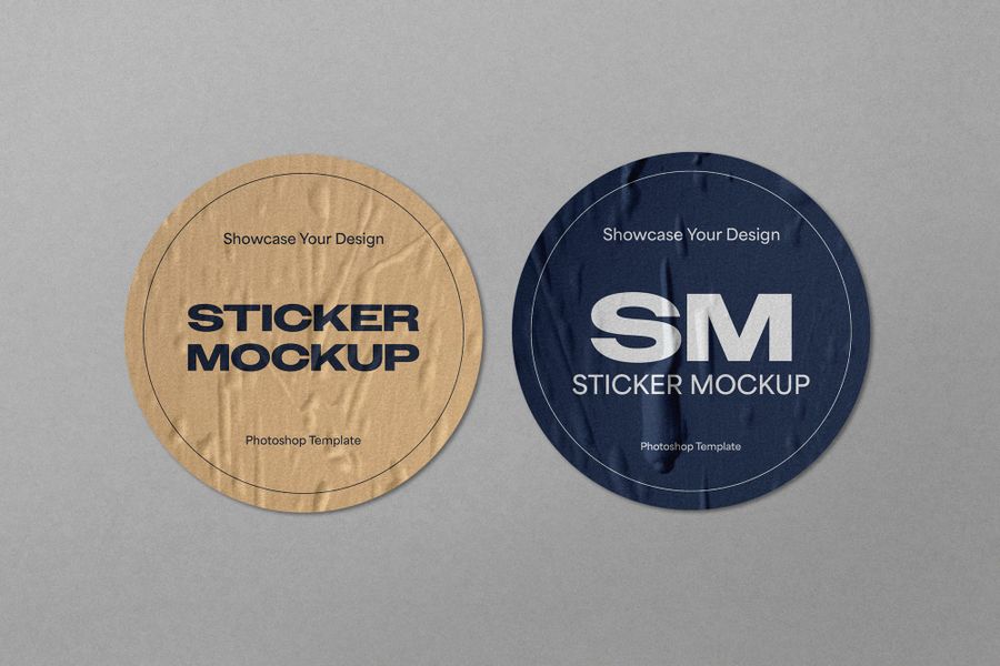 Wrinkled Circular with Kraft and Navy Duo Badges Sticker Mockup