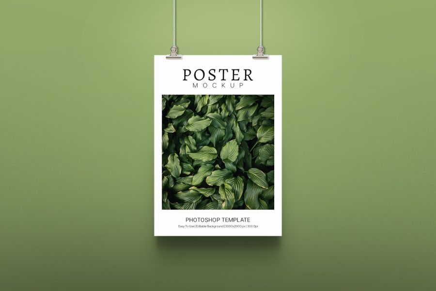 Hanging Poster Mockup With Wall Green