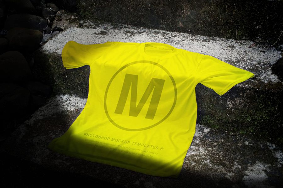 Neon Yellow T-Shirt Mockup On Stone Stairs