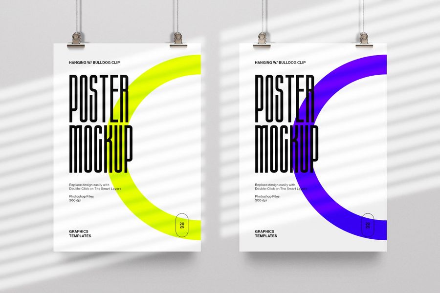 Two Hanging Posters with Clips and Shadow Overlay