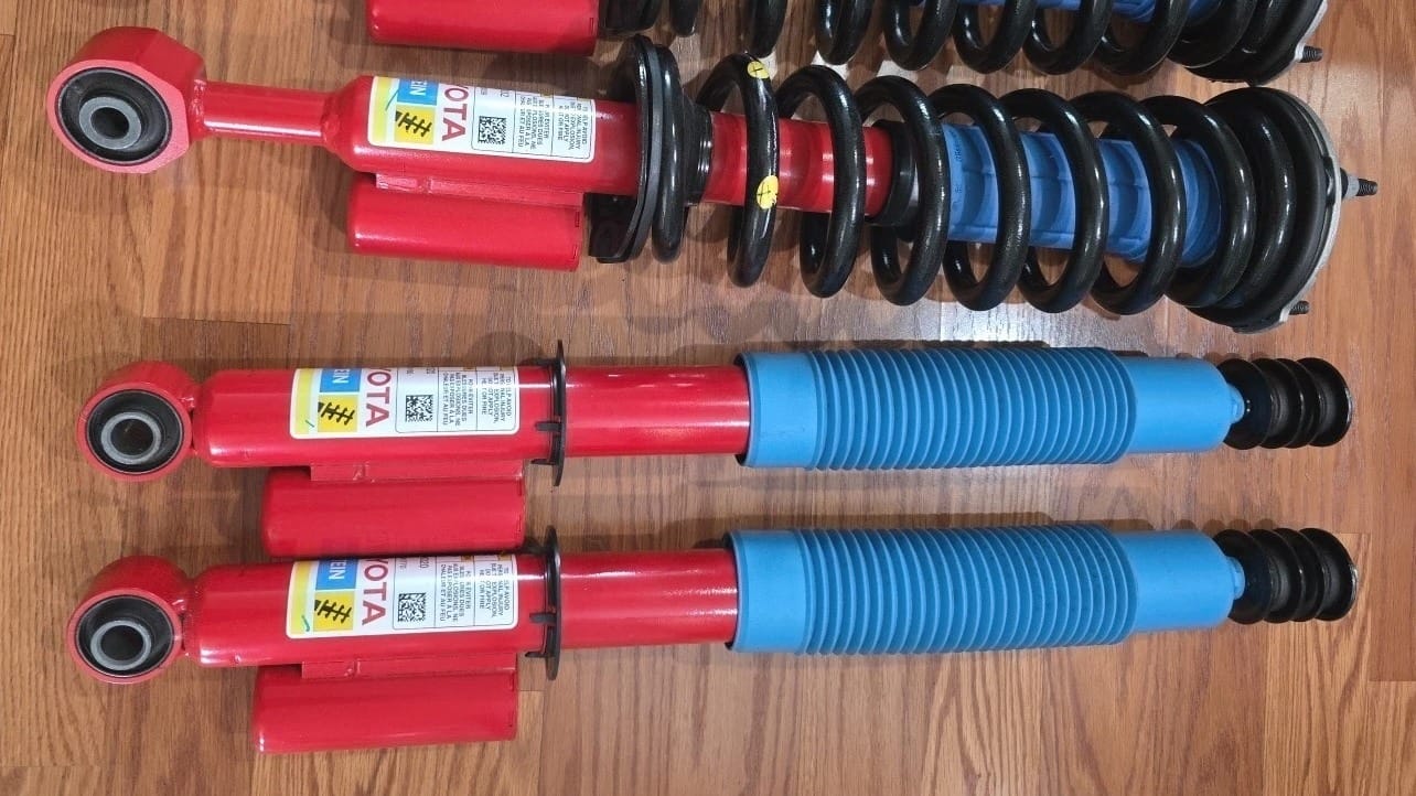 An example of the Bilstein dampers with welded-on external reservoirs for the 2024-2025 Toyota Tacoma TRD Off-Road under recall.