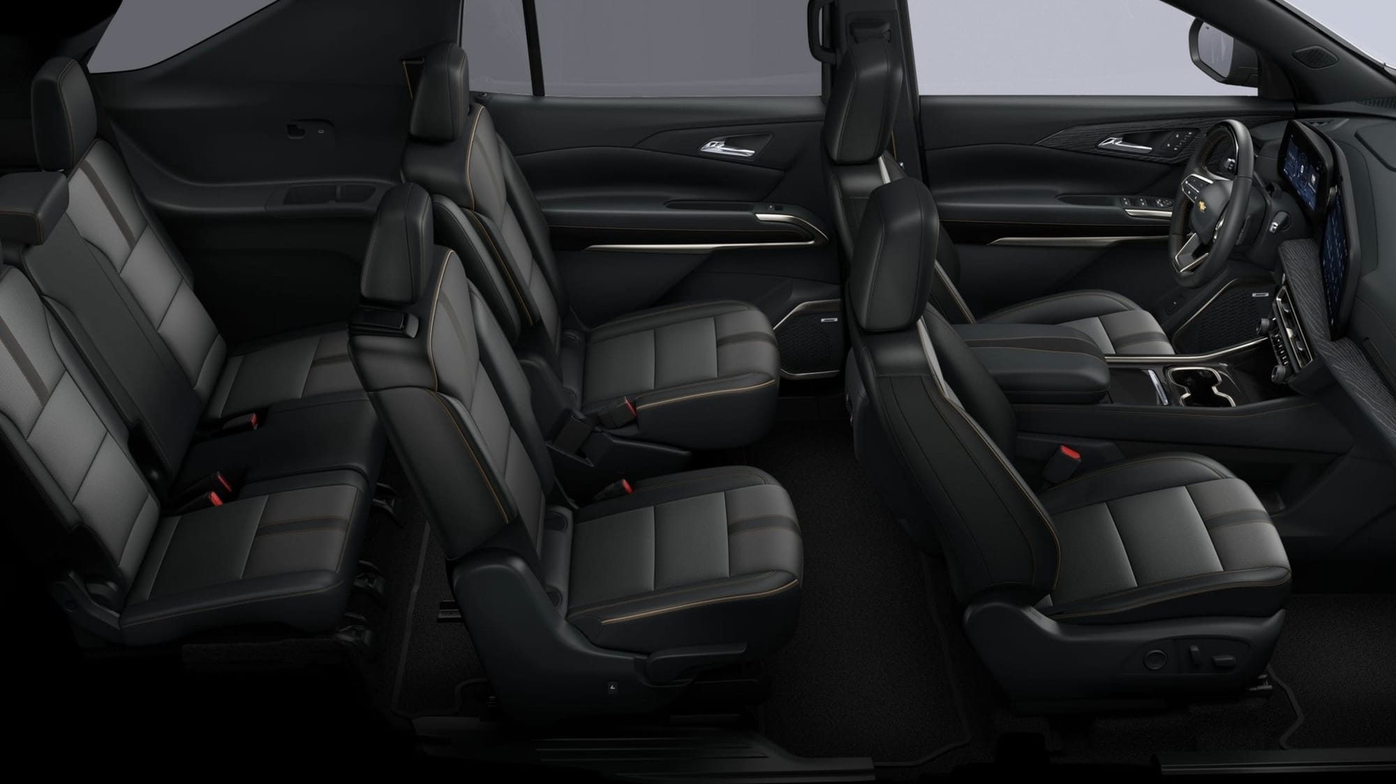 The 2027 Traverse High Country features Jet Black Evotex Ultra upholstery accented with Natural Tan contrast stitching across the first two rows.
