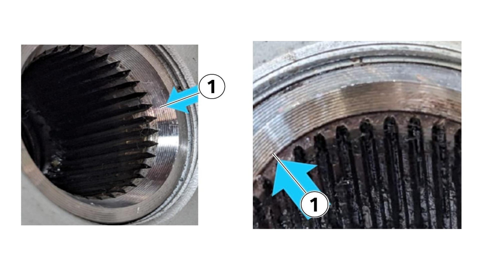 Signs of some wear will be normal, but the recall specifically calls out abnormal wear issues like a cut ring, severe corrosion, or missing splines.