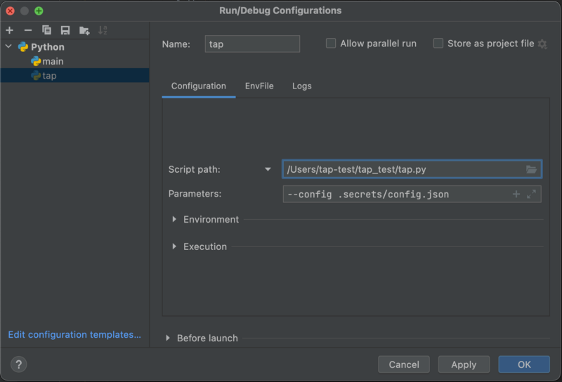 Meltano development: how to debug Singer taps in PyCharm