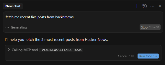 asking agent chat to fetch hackernews posts